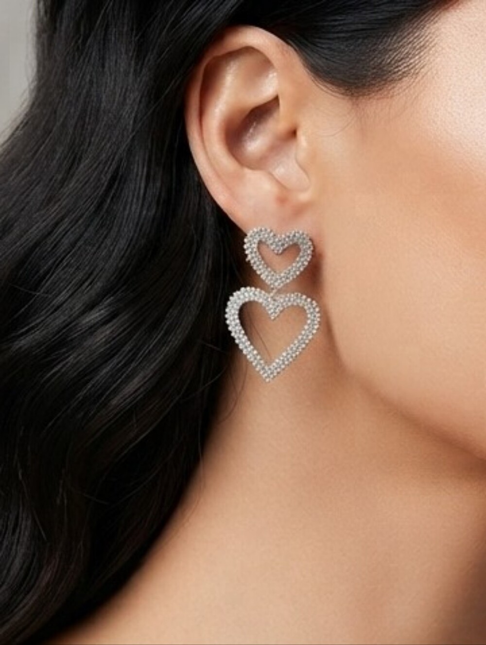 Silver Heart Rhinestone Earrings Double Heart Dangle Earrings